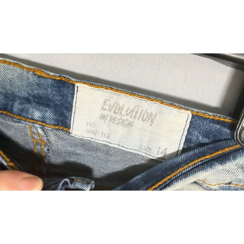Evolution In Design Boys Jeans Size 14 Blue Used Distressed Orange Patch Ripped